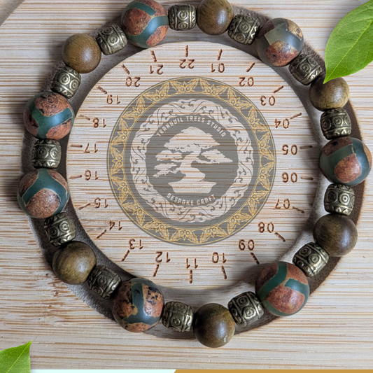 "Tibetan Turtle" Handemade Dzi Bead & Sandalwood Bracelet – Spiritual Protection, Meditation, Buddhist Jewelry Gift