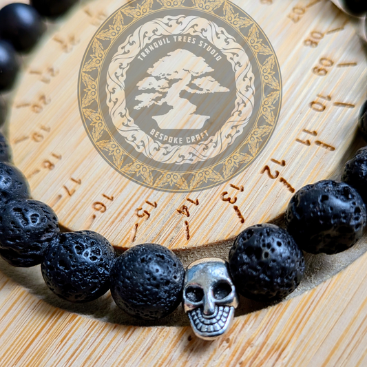 Lava Stone & Frosted Black Onyx Bracelet with Silver Skull Bead | Handmade Energy Bracelet for Strength & Renewal