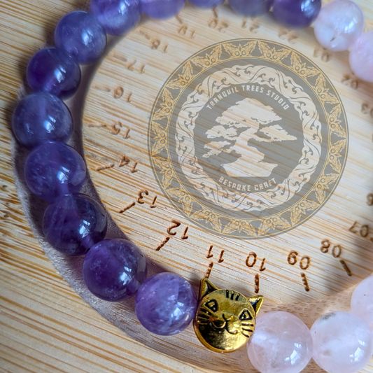 Natural Amethyst & Rose Quartz “Kitty Spirit” Bracelet – Calming Energy & Love Crystal Jewellery | Handmade by Tranquil Trees Studio