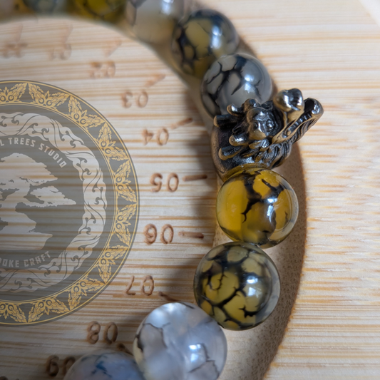 Dragon Vein Agate Bracelet – Natural Khaki Crackle Agate with Brass Dragon Charm | Strength, Protection & Balance Crystal Jewelry