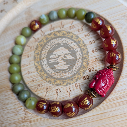 Synthetic Coral & Natural Chinese Jade Bracelet – Om Mani Padme Hum Carnelian Beads | Tranquil Buddhist Energy Jewellery