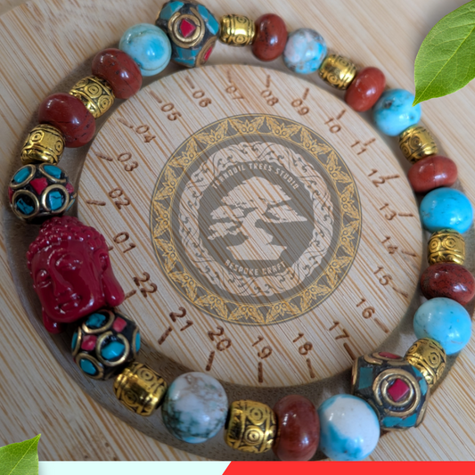 Handmade Red Jasper & Blue Howlite Bracelet with Coral Red Buddha "Rain & Fire" | Spiritual Healing Gemstone Beads | Buddhist Meditation Jewelry