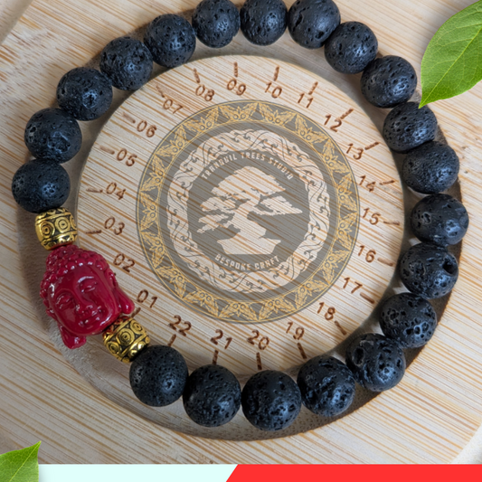 Lava Stone Bracelet with Red Buddha Bead – Grounding & Healing Energy – Black Lava Rock & Imitation Coral Beaded Jewelry for Men & Women