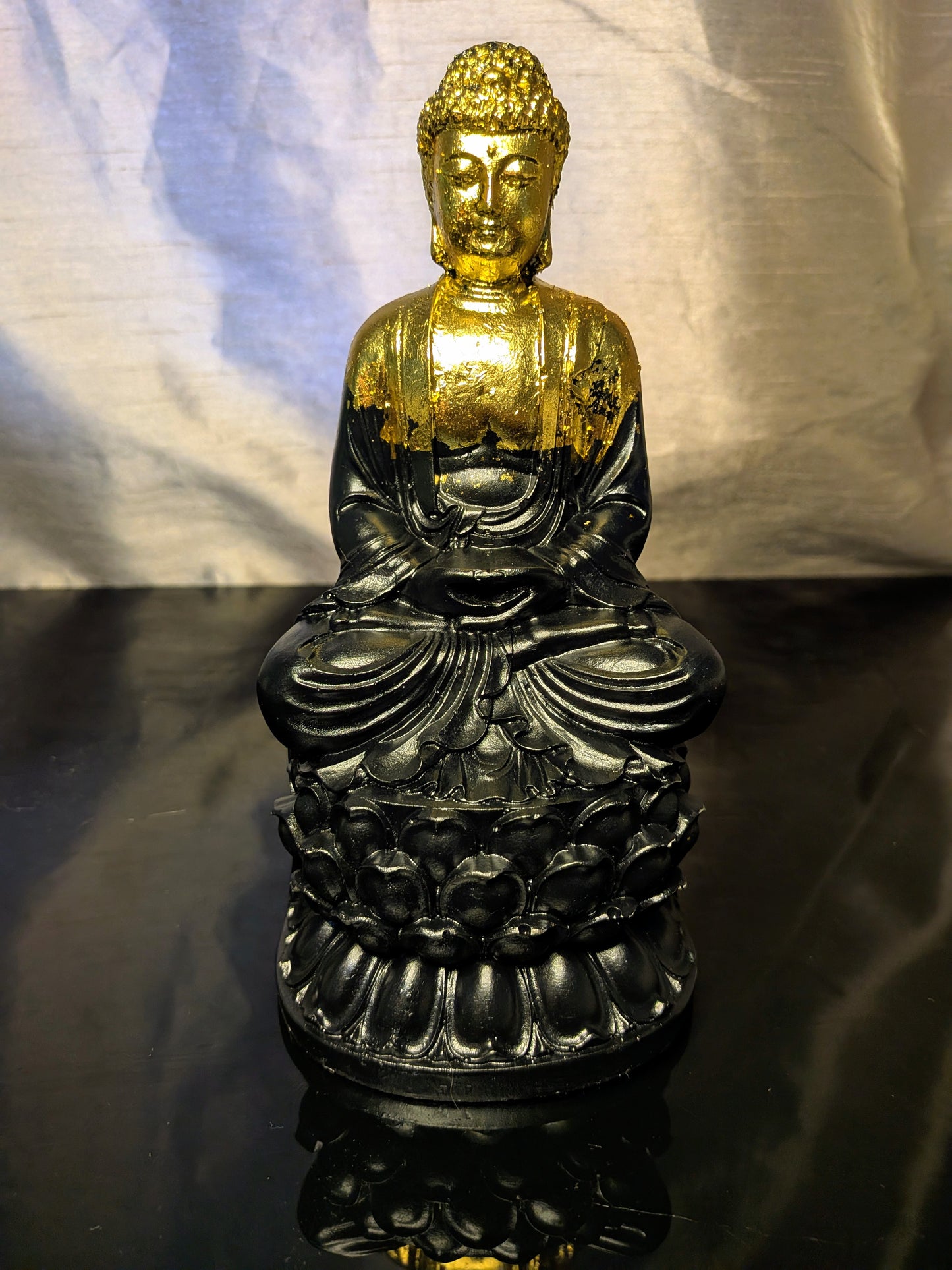 Handmade Black & Gold Buddha Statue – Artisan Cast, Painted & Gilded Meditation Décor