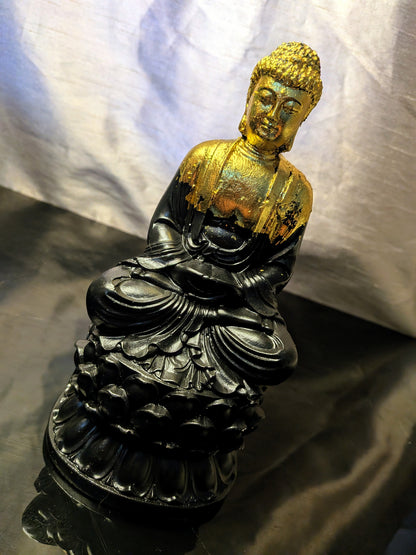 Handmade Black & Gold Buddha Statue – Artisan Cast, Painted & Gilded Meditation Décor
