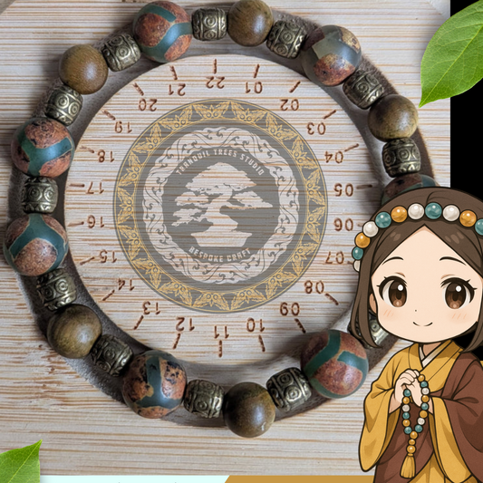 "Tibetan Turtle" Handemade Dzi Bead & Sandalwood Bracelet – Spiritual Protection, Meditation, Buddhist Jewelry Gift