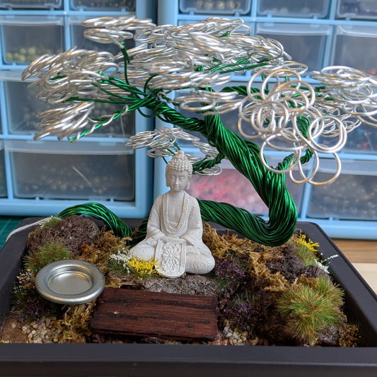 Handmade Wire Bonsai Tree Diorama "moments of the Buddha" & Incense Holder | Silver & Green Wire Tree | Zen Meditation Décor | TranquilTreesStudio