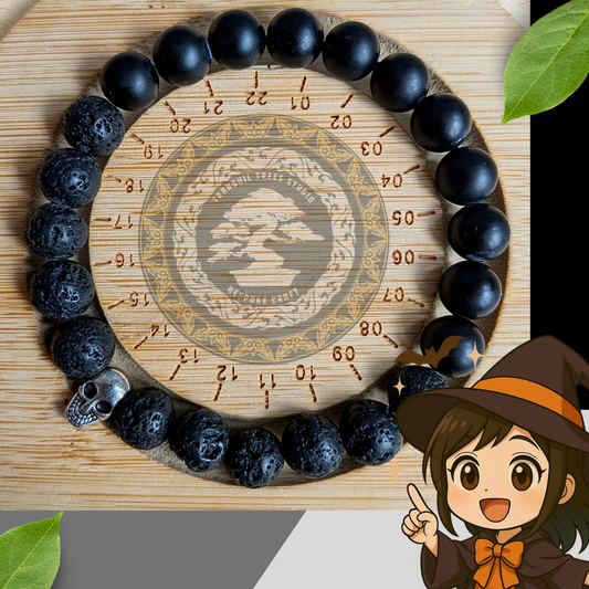 Lava Stone & Frosted Black Onyx Bracelet with Silver Skull Bead | Handmade Energy Bracelet for Strength & Renewal