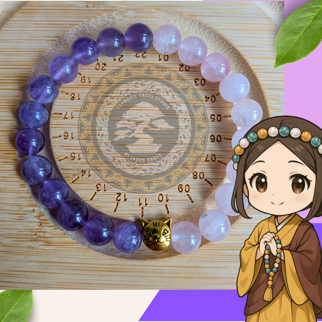 Natural Amethyst & Rose Quartz “Kitty Spirit” Bracelet – Calming Energy & Love Crystal Jewellery | Handmade by Tranquil Trees Studio