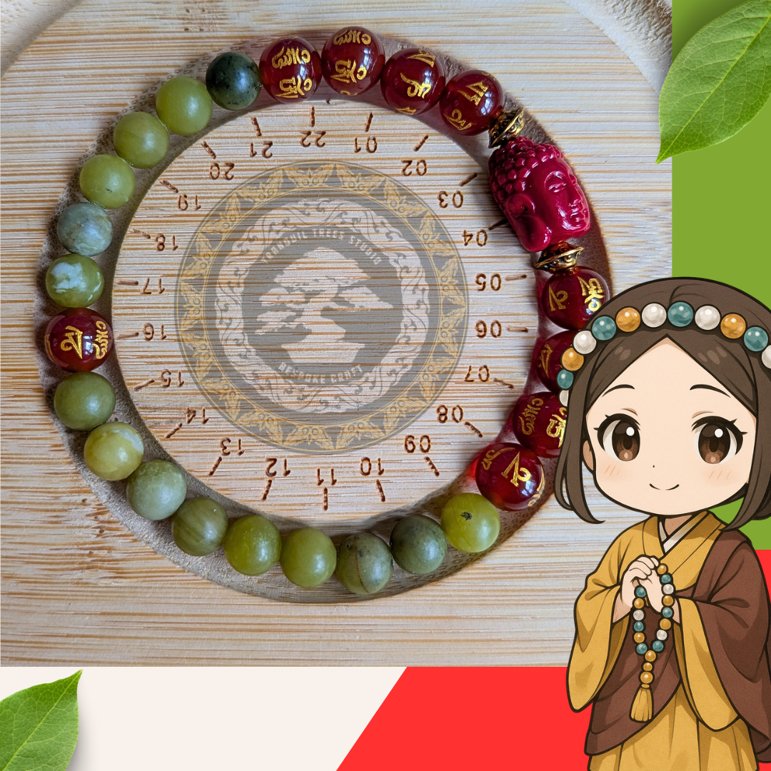 Synthetic Coral & Natural Chinese Jade Bracelet – Om Mani Padme Hum Carnelian Beads | Tranquil Buddhist Energy Jewellery