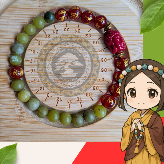Synthetic Coral & Natural Chinese Jade Bracelet – Om Mani Padme Hum Carnelian Beads | Tranquil Buddhist Energy Jewellery