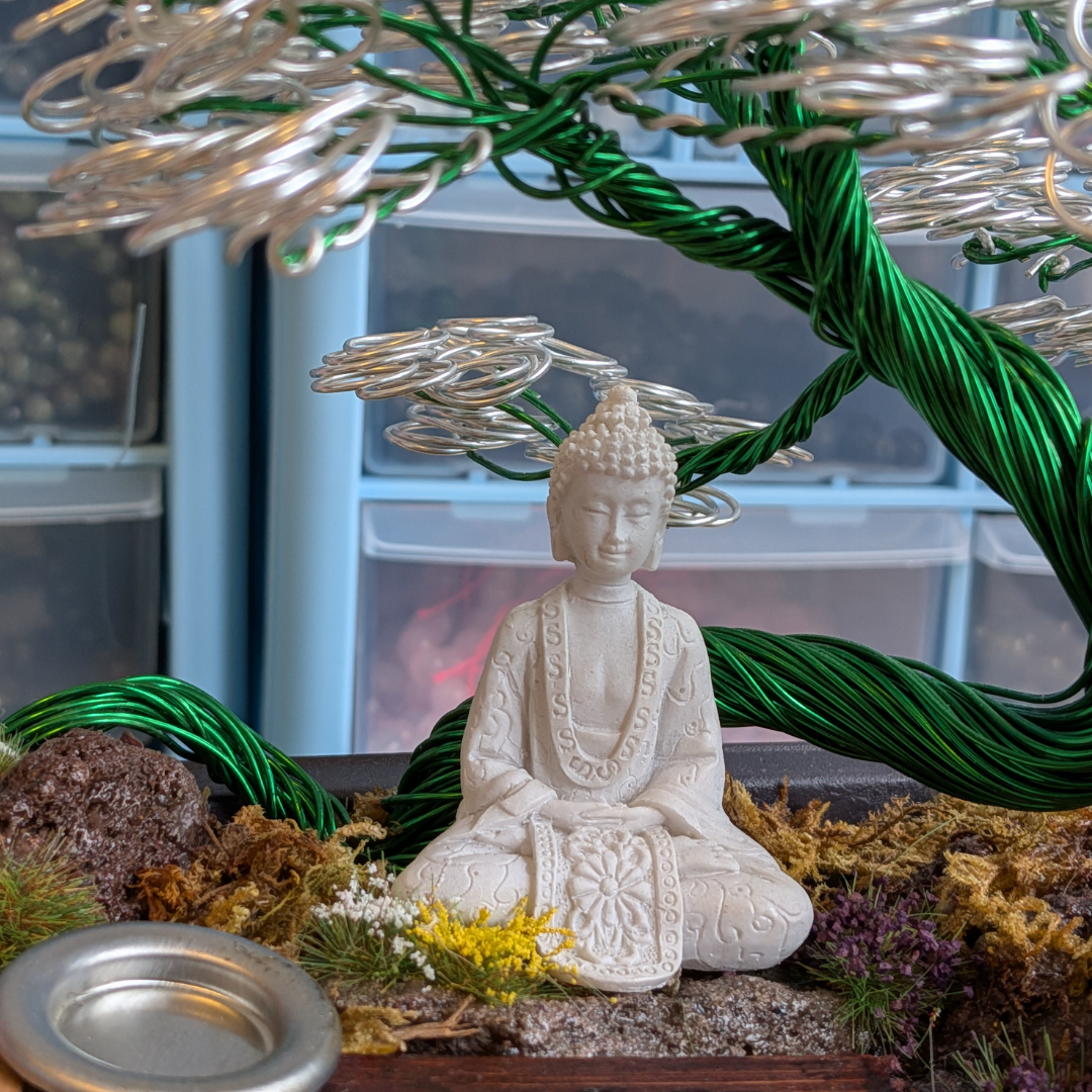 Handmade Wire Bonsai Tree Diorama "moments of the Buddha" & Incense Holder | Silver & Green Wire Tree | Zen Meditation Décor | TranquilTreesStudio