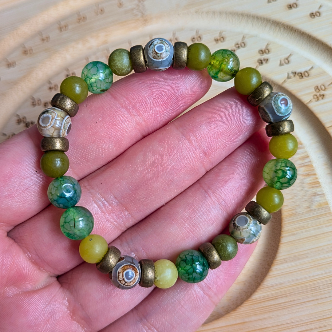 Natural Xinyi Jade & Dragon Vein Agate Bracelet with Tibetan 3-Eyed Dzi Beads – Protection, Luck & Grounding Energy Jewellery | Tranquil Trees Studio