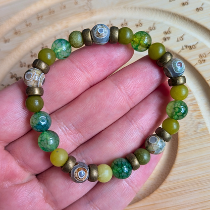 Natural Xinyi Jade & Dragon Vein Agate Bracelet with Tibetan 3-Eyed Dzi Beads – Protection, Luck & Grounding Energy Jewellery | Tranquil Trees Studio