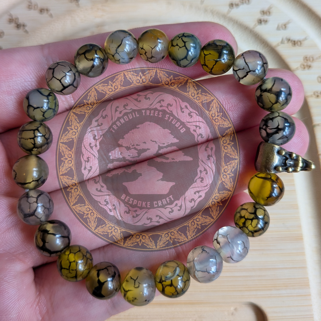 Dragon Vein Agate Bracelet – Natural Khaki Crackle Agate with Brass Dragon Charm | Strength, Protection & Balance Crystal Jewelry