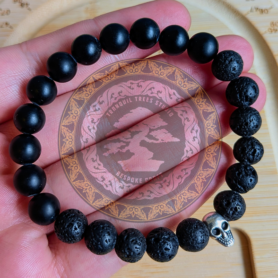 Lava Stone & Frosted Black Onyx Bracelet with Silver Skull Bead | Handmade Energy Bracelet for Strength & Renewal