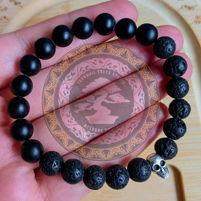 Lava Stone & Frosted Black Onyx Bracelet with Silver Skull Bead | Handmade Energy Bracelet for Strength & Renewal