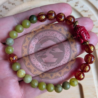 Synthetic Coral & Natural Chinese Jade Bracelet – Om Mani Padme Hum Carnelian Beads | Tranquil Buddhist Energy Jewellery
