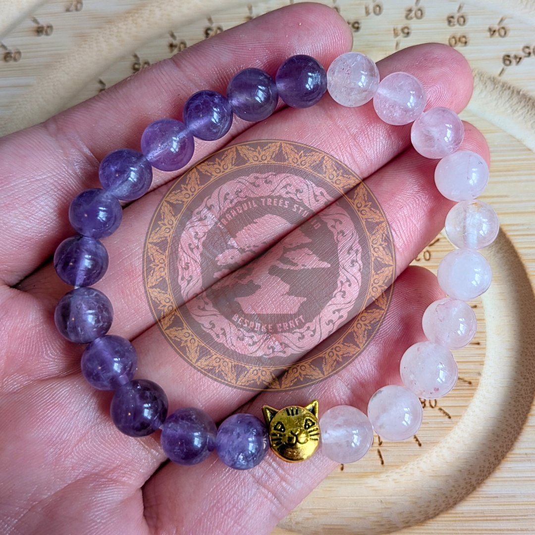Natural Amethyst & Rose Quartz “Kitty Spirit” Bracelet – Calming Energy & Love Crystal Jewellery | Handmade by Tranquil Trees Studio