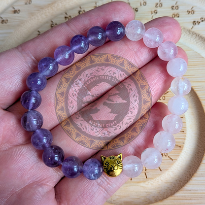 Natural Amethyst & Rose Quartz “Kitty Spirit” Bracelet – Calming Energy & Love Crystal Jewellery | Handmade by Tranquil Trees Studio
