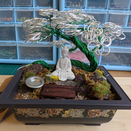 Handmade Wire Bonsai Tree Diorama "moments of the Buddha" & Incense Holder | Silver & Green Wire Tree | Zen Meditation Décor | TranquilTreesStudio
