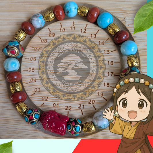 Handmade Red Jasper & Blue Howlite Bracelet with Coral Red Buddha "Rain & Fire" | Spiritual Healing Gemstone Beads | Buddhist Meditation Jewelry