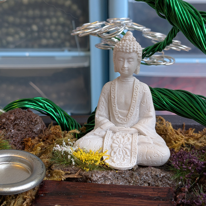 Handmade Wire Bonsai Tree Diorama "moments of the Buddha" & Incense Holder | Silver & Green Wire Tree | Zen Meditation Décor | TranquilTreesStudio