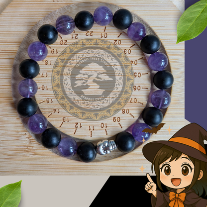 Veil of Night – Amethyst & Frosted Black Onyx Bracelet with Silver Skull | Handmade Spiritual Protection Bracelet