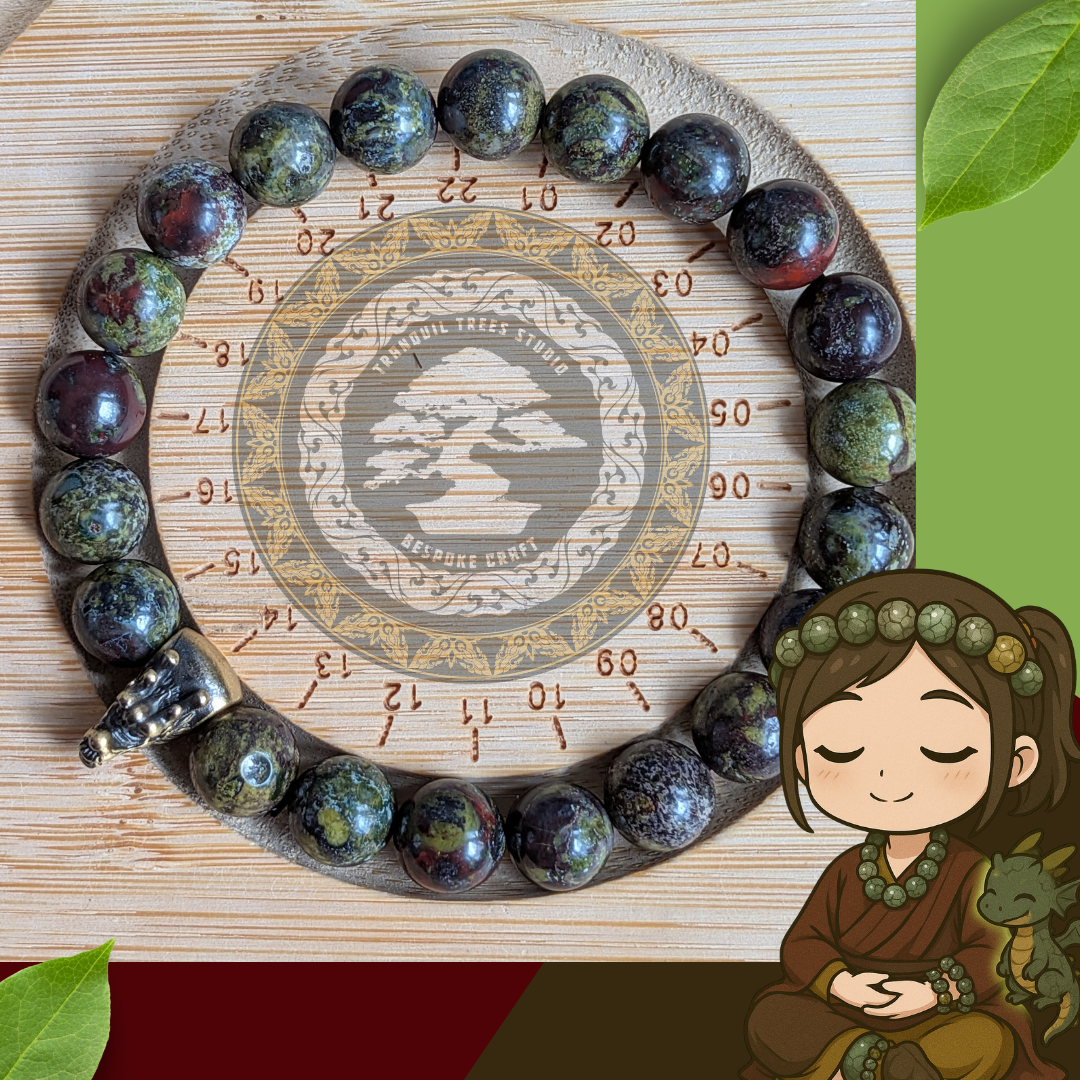 Bloodstone Jasper Dragon Bracelet – Natural 8mm Bloodstone with Brass Dragon Charm | Courage, Vitality & Protection Crystal Jewellery