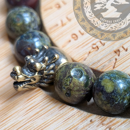 Bloodstone Jasper Dragon Bracelet – Natural 8mm Bloodstone with Brass Dragon Charm | Courage, Vitality & Protection Crystal Jewellery
