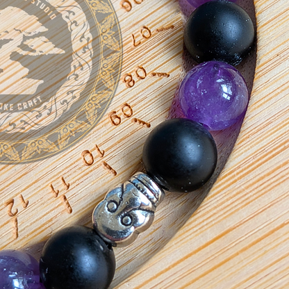 Veil of Night – Amethyst & Frosted Black Onyx Bracelet with Silver Skull | Handmade Spiritual Protection Bracelet