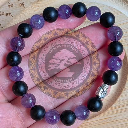 Veil of Night – Amethyst & Frosted Black Onyx Bracelet with Silver Skull | Handmade Spiritual Protection Bracelet