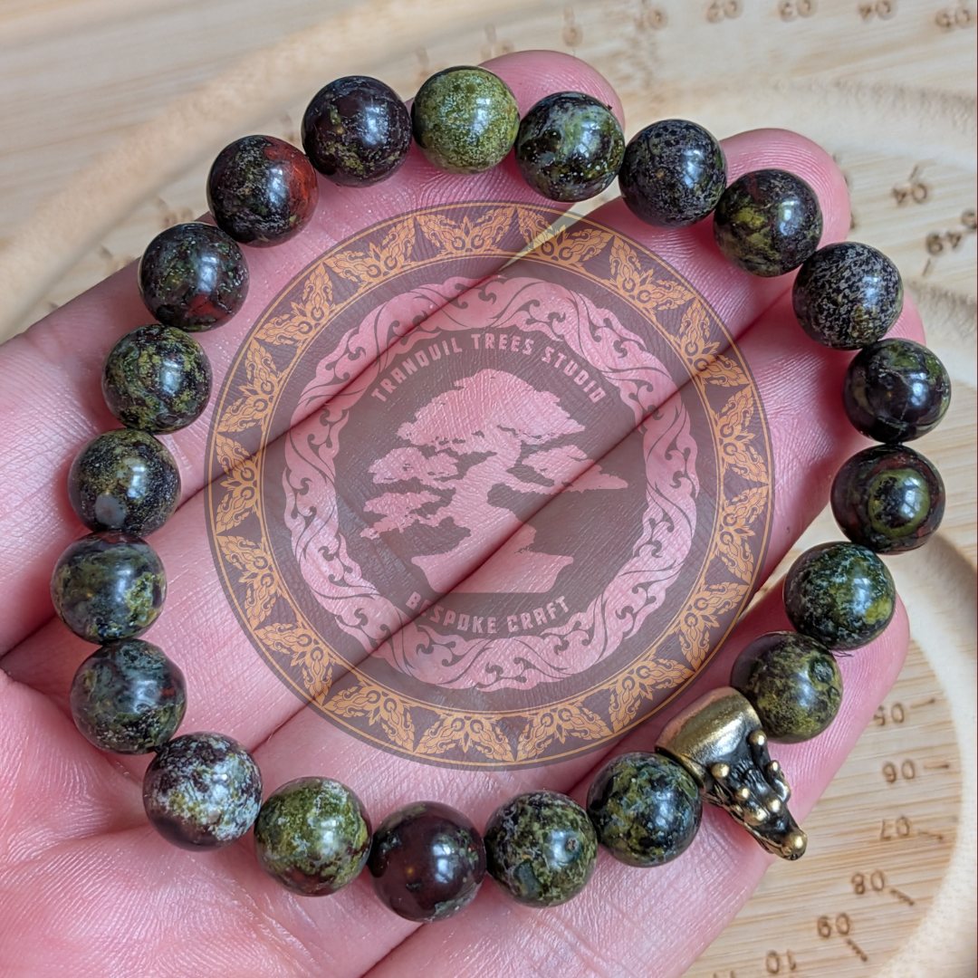 Bloodstone Jasper Dragon Bracelet – Natural 8mm Bloodstone with Brass Dragon Charm | Courage, Vitality & Protection Crystal Jewellery