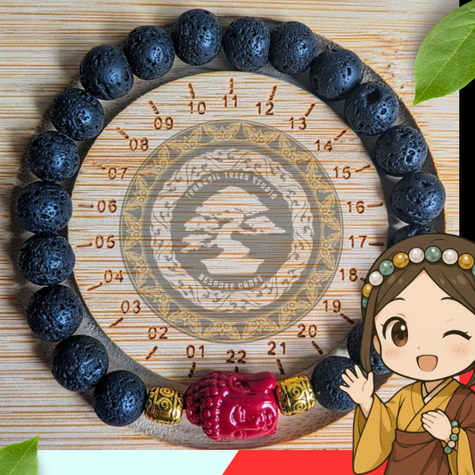Lava Stone Bracelet with Red Buddha Bead – Grounding & Healing Energy – Black Lava Rock & Imitation Coral Beaded Jewelry for Men & Women