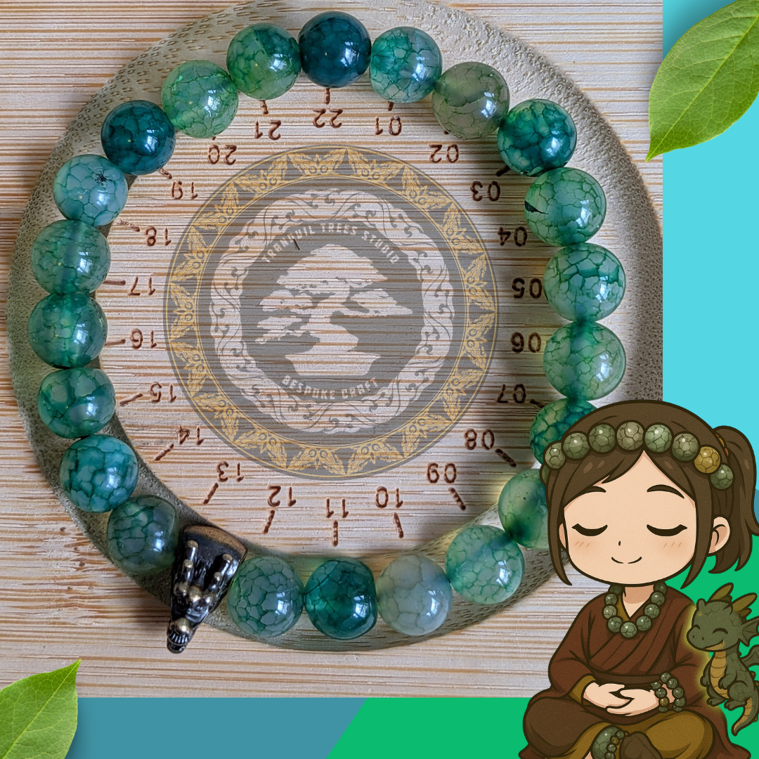 Dragon Vein Agate Bracelet – Natural Green Crackle Agate with Brass Dragon Charm | Strength & Balance Energy Beads for Men & Women