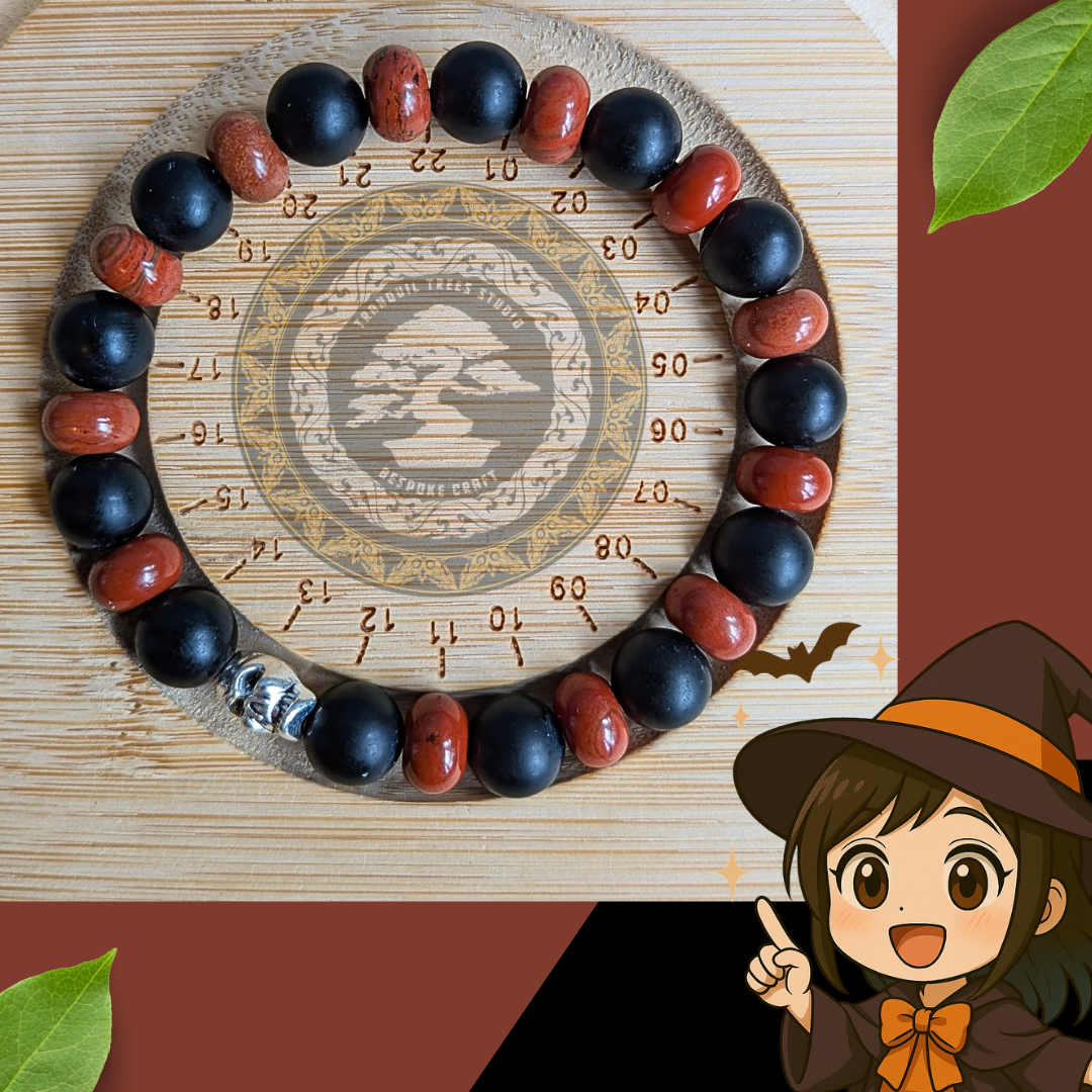 “Root fire” – Red Jasper, Frosted Black Onyx Bracelet with Skull Accent | Grounding Handmade Bracelet