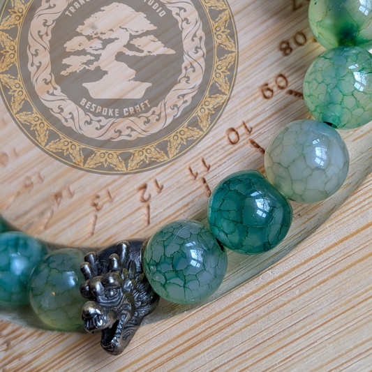 Dragon Vein Agate Bracelet – Natural Green Crackle Agate with Brass Dragon Charm | Strength & Balance Energy Beads for Men & Women