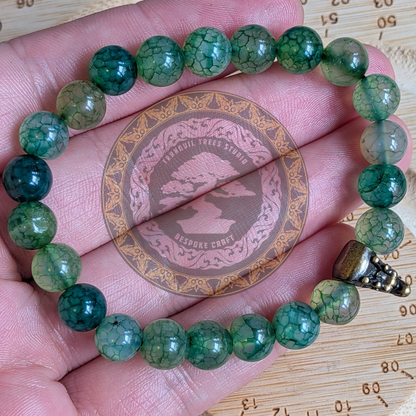 Dragon Vein Agate Bracelet – Natural Green Crackle Agate with Brass Dragon Charm | Strength & Balance Energy Beads for Men & Women