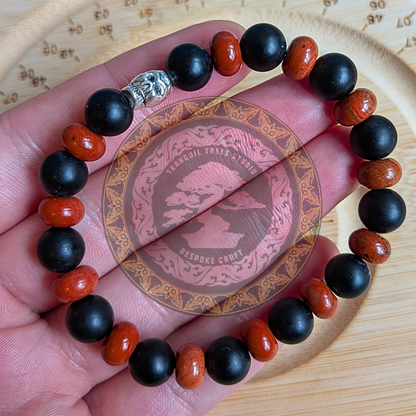 “Root fire” – Red Jasper, Frosted Black Onyx Bracelet with Skull Accent | Grounding Handmade Bracelet