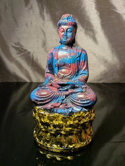 Handmade Cosmic Buddha Statue – Galaxy Painted Meditation Decor with Gold Lotus Base