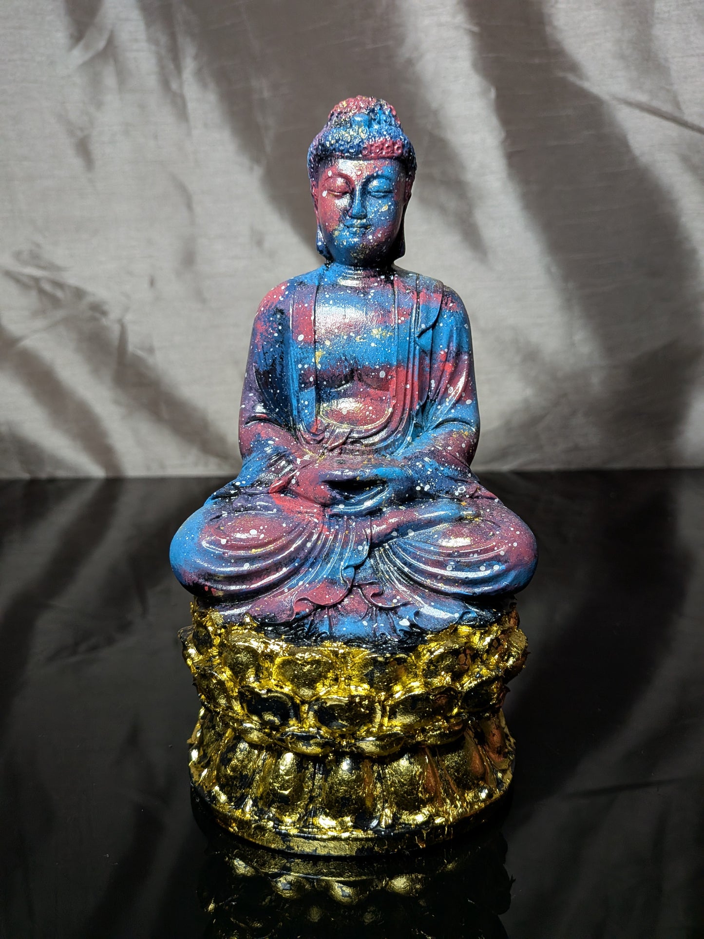 Handmade Cosmic Buddha Statue – Galaxy Painted Meditation Decor with Gold Lotus Base