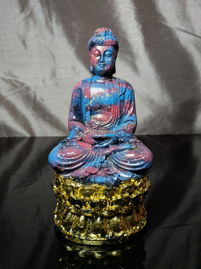 Handmade Cosmic Buddha Statue – Galaxy Painted Meditation Decor with Gold Lotus Base