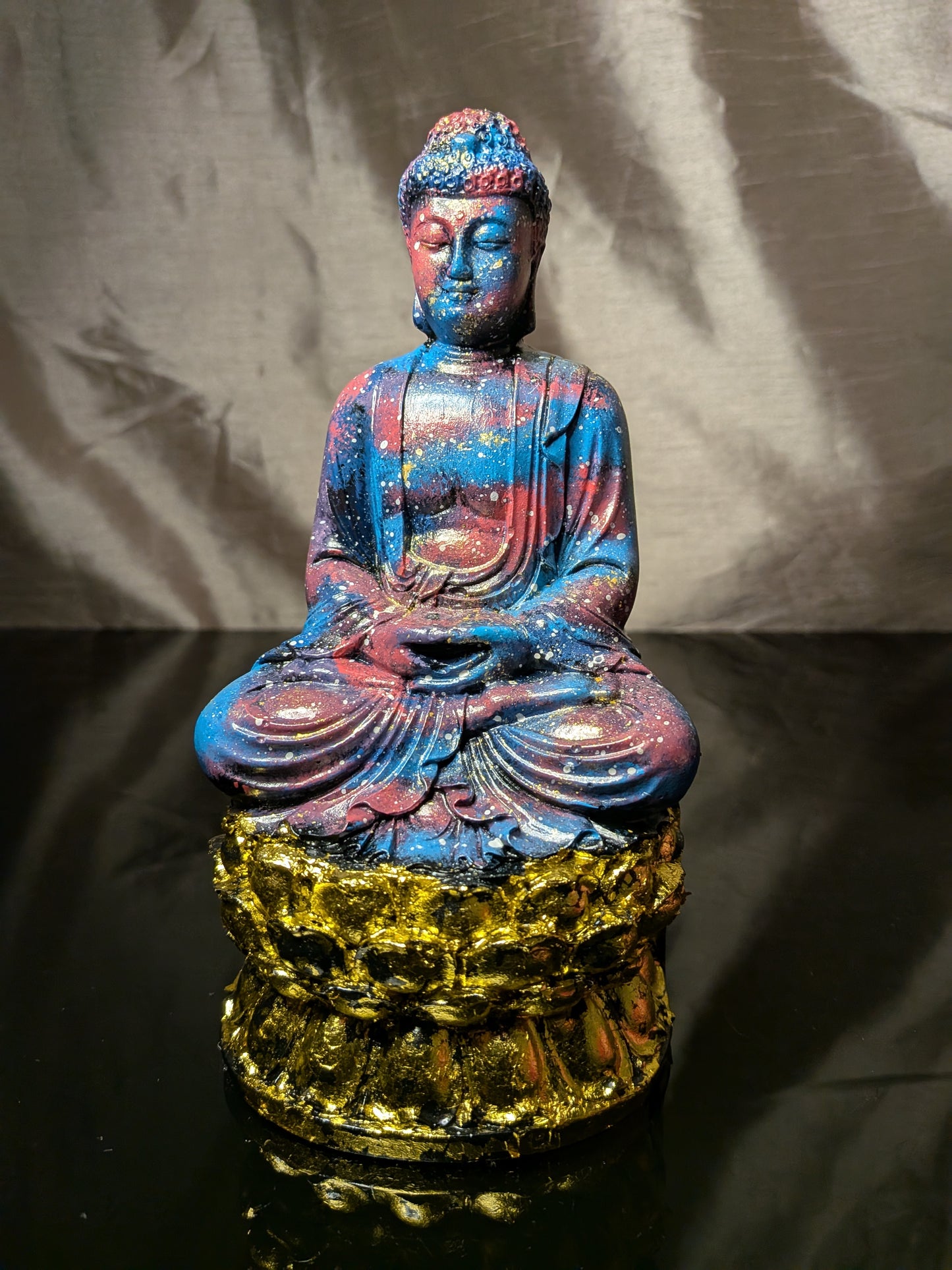 Handmade Cosmic Buddha Statue – Galaxy Painted Meditation Decor with Gold Lotus Base