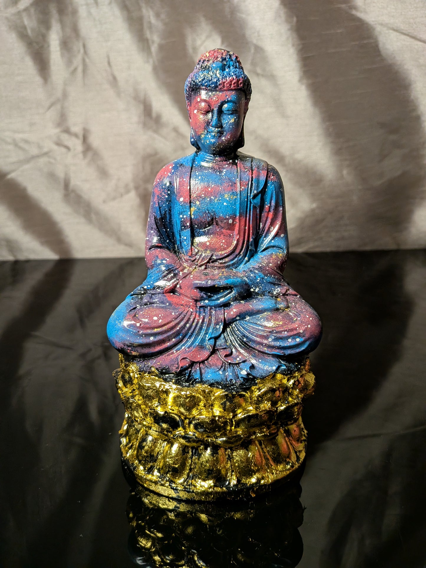Handmade Cosmic Buddha Statue – Galaxy Painted Meditation Decor with Gold Lotus Base